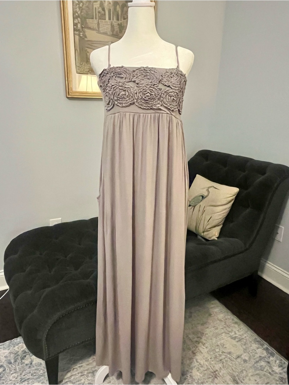 INC International Concepts Taupe Spaghetti Strap Maxi Dress with Rosette Bodice